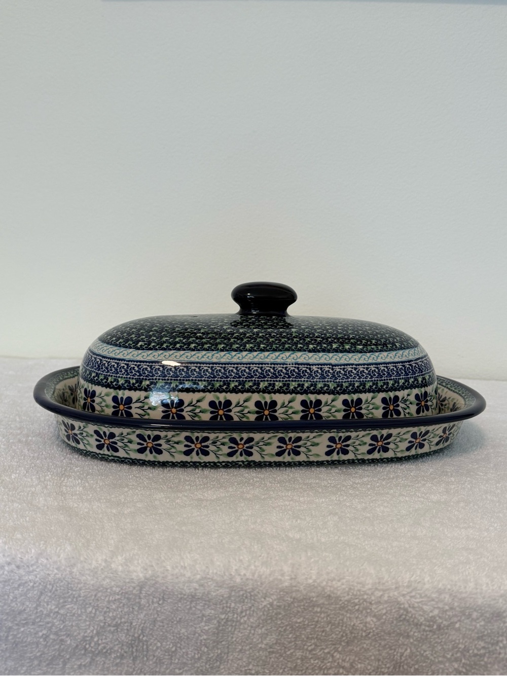 Polish Pottery Hand-Painted Ceramic Large Covered Dish